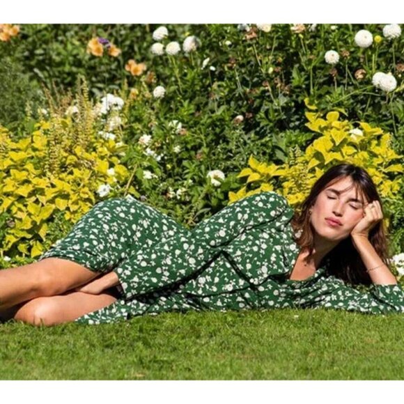 💕ROUJE💕 Clementine Midi Dress ~ Meme Roses Vert Green Floral Print 36 NWOT - Picture 2 of 16